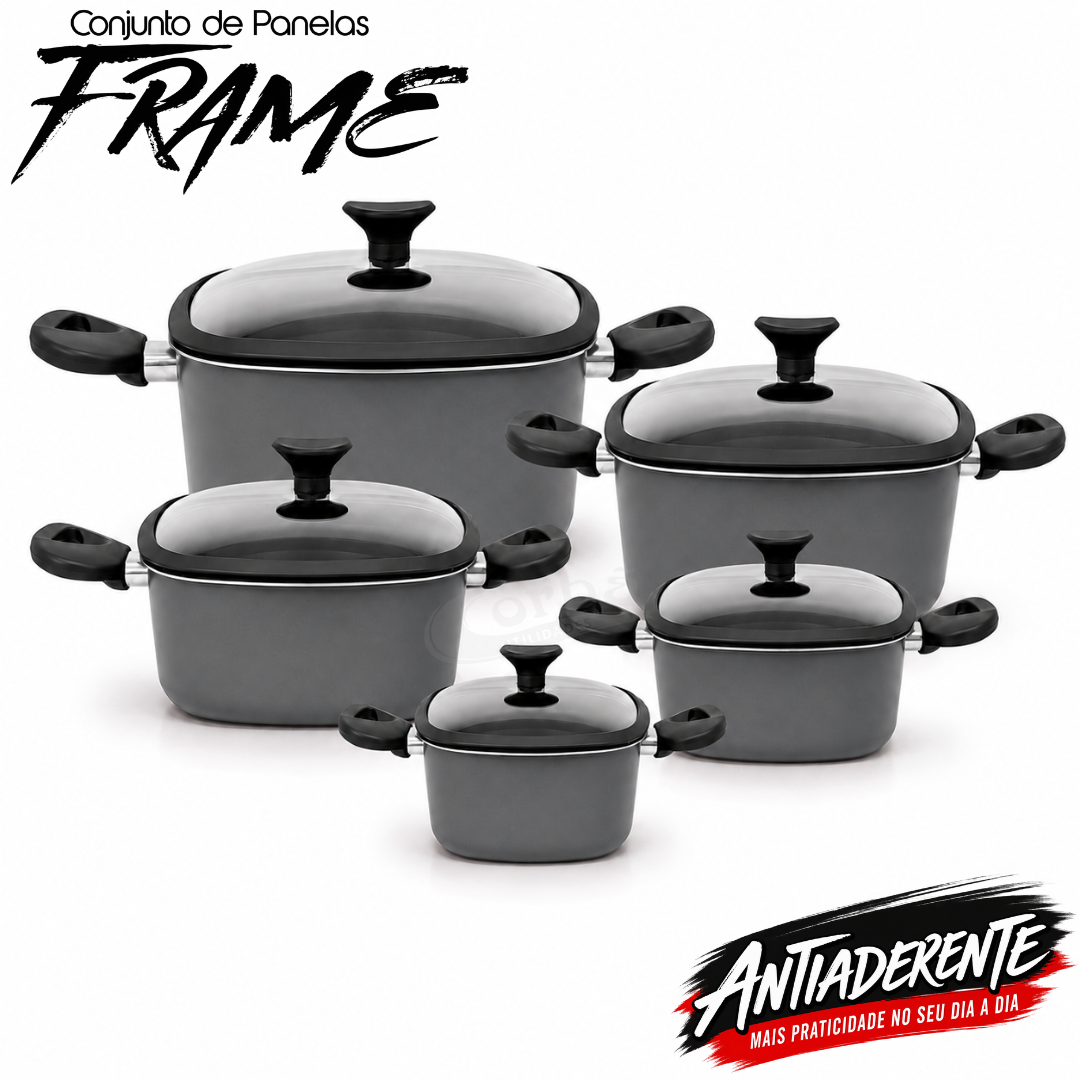 Conjunto de Panelas Antiaderente Frame  5 Peças  Grafit com Tampas de Vidro – Corbã