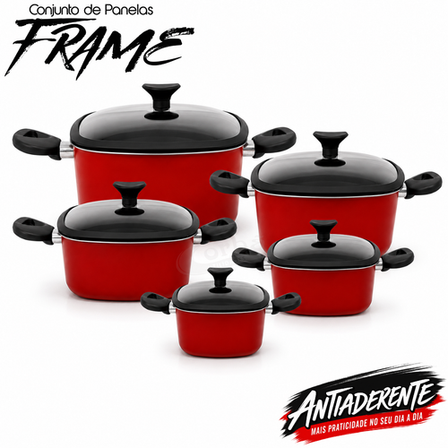 Conjunto de Panelas Antiaderente Frame  5 Peças  Cereja com Tampas de Vidro – Corbã