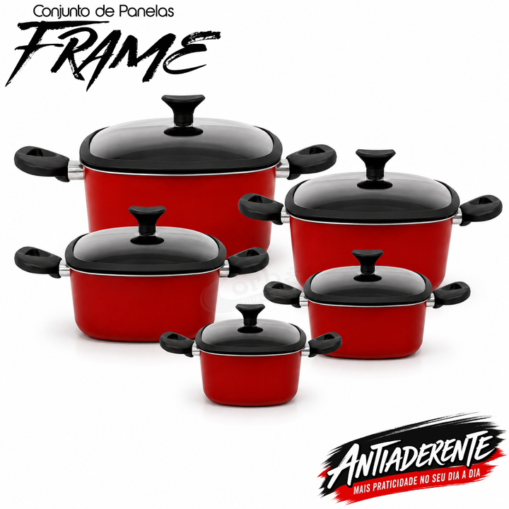 Conjunto de Panelas Antiaderente Frame  5 Peças  Cereja com Tampas de Vidro – Corbã
