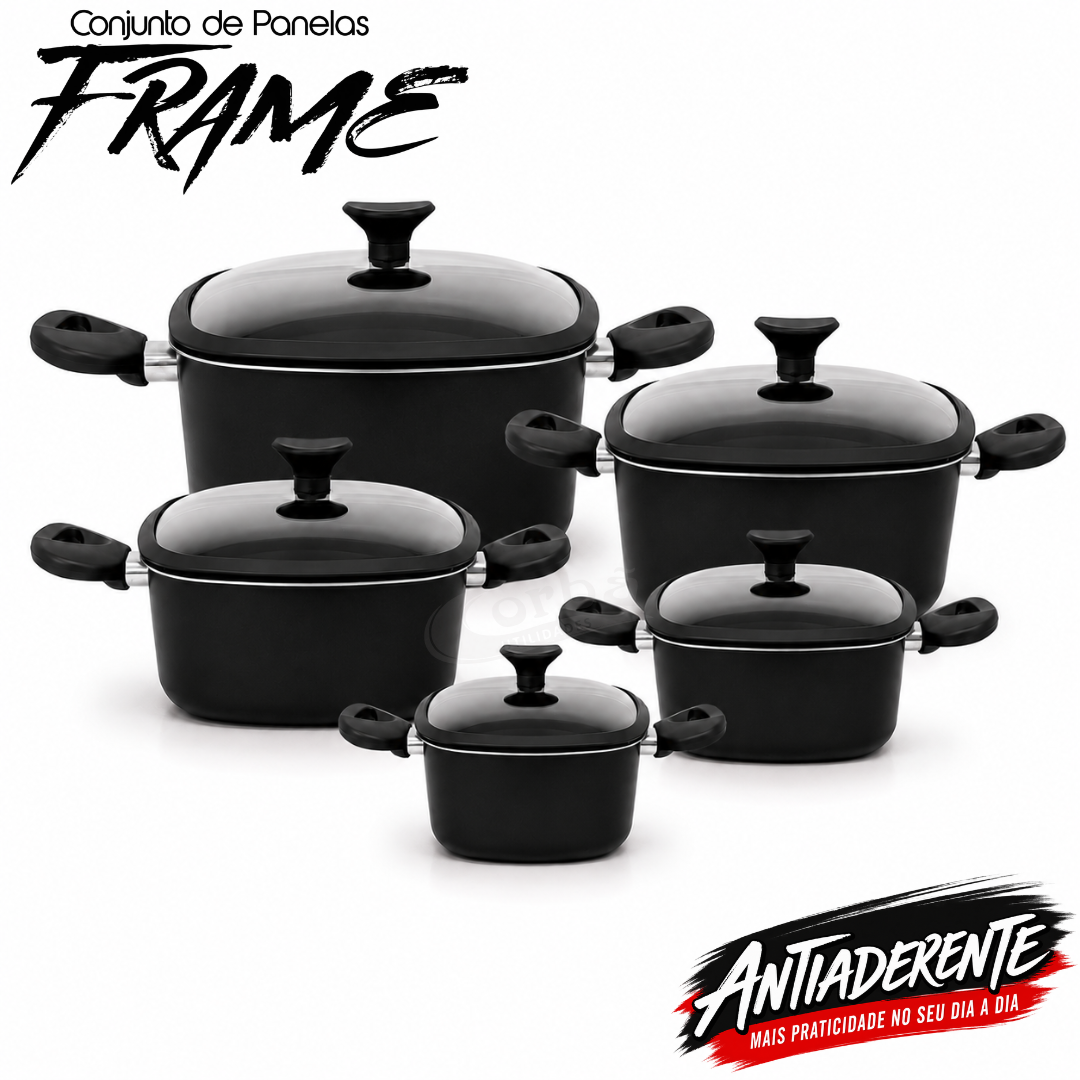 Conjunto de Panelas Antiaderente Frame  5 Peças  Preta com Tampas de Vidro – Corbã