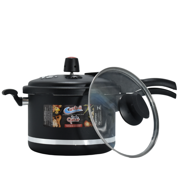 Panela de Pressão Qatar Preto MT 4.5 Litros com Tampa de Vidro – Corbã