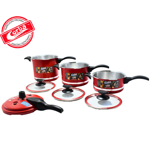 KIT PANELA DE PRESSÃO QATAR CORBÃ VERMELHO MT COM  TAMPA DE PRESSÃO MULTIFUNCIONAL