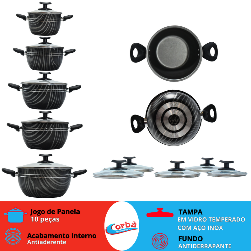 JOGO DE PANELAS 5 PEÇAS QATAR ANTIADERENTE PRETO ESTAMPADO