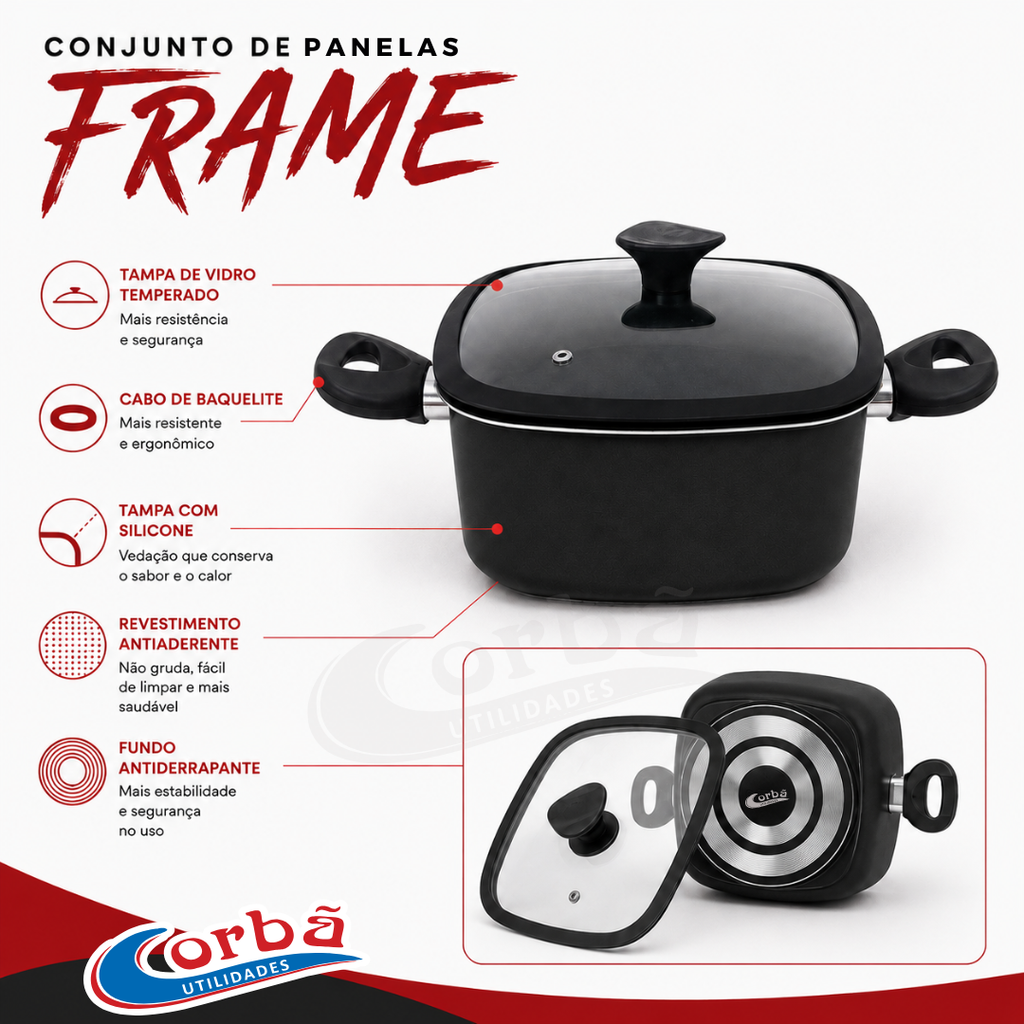 Conjunto de Panelas Antiaderente Frame  5 Peças  Preta com Tampas de Vidro – Corbã