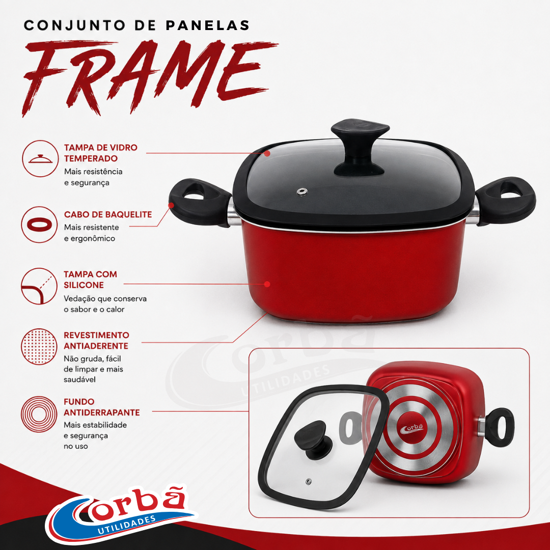 Conjunto de Panelas Antiaderente Frame  5 Peças  Cereja com Tampas de Vidro – Corbã