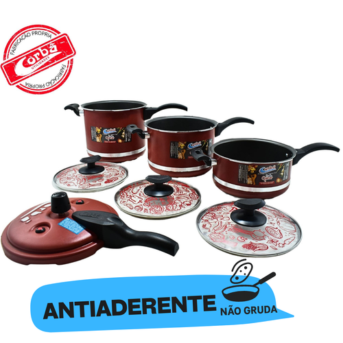 KIT PANELA DE PRESSÃO QATAR CORBÃ  ANTIADERENTE TEFLON VERMELHO COM  TAMPA DE PRESSÃO MULTIFUNCIONAL