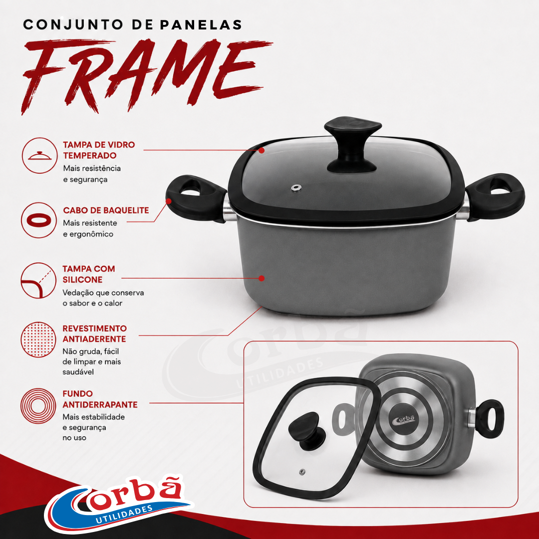 Conjunto de Panelas Antiaderente Frame  5 Peças  Grafit com Tampas de Vidro – Corbã