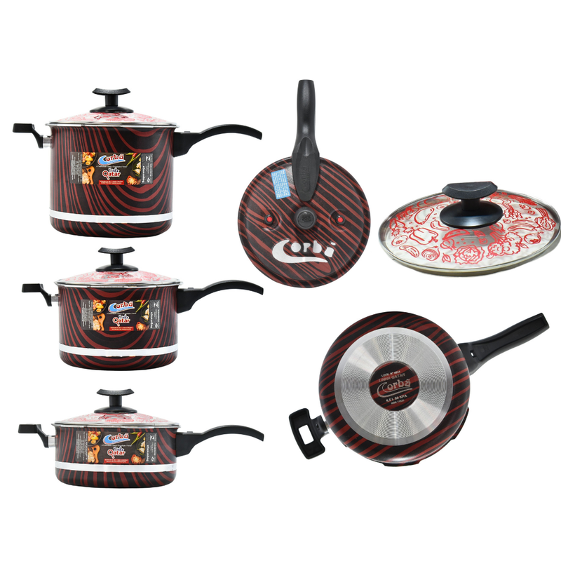 KIT PANELA DE PRESSÃO QATAR CORBÃ  ANTIADERENTE ESTAMPADO VERMELHO COM  TAMPA DE PRESSÃO MULTIFUNCIONAL
