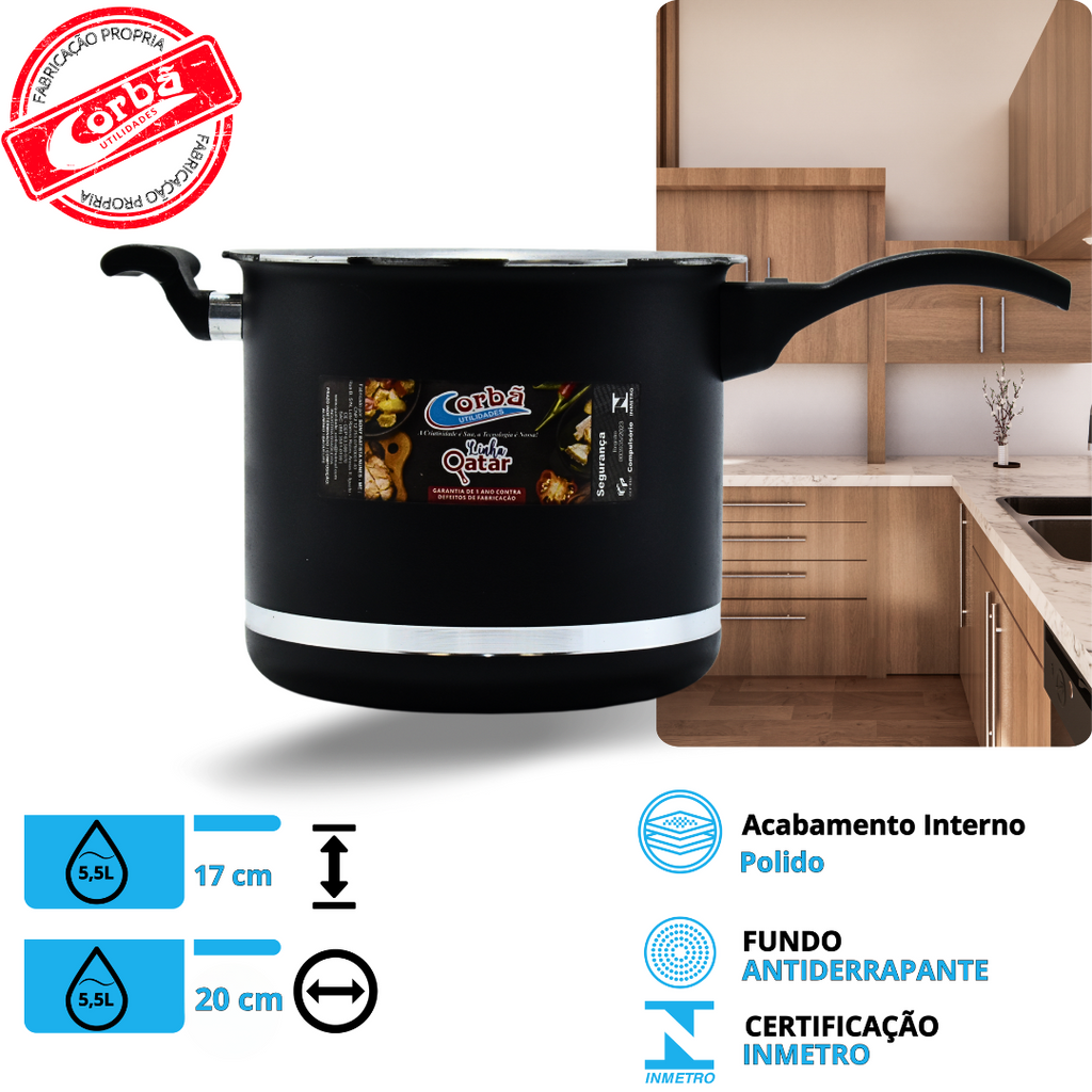 KIT PANELA DE PRESSÃO QATAR CORBÃ PRETO MT COM  TAMPA DE PRESSÃO MULTIFUNCIONAL