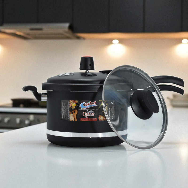Panela de Pressão Qatar Preto MT 4.5 Litros com Tampa de Vidro – Corbã