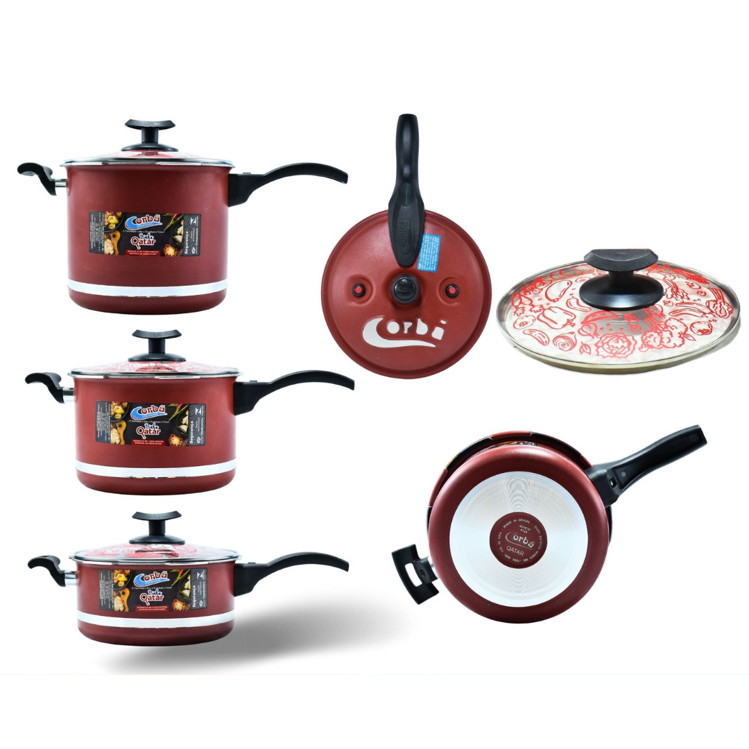 KIT PANELA DE PRESSÃO QATAR CORBÃ  ANTIADERENTE TEFLON VERMELHO COM  TAMPA DE PRESSÃO MULTIFUNCIONAL