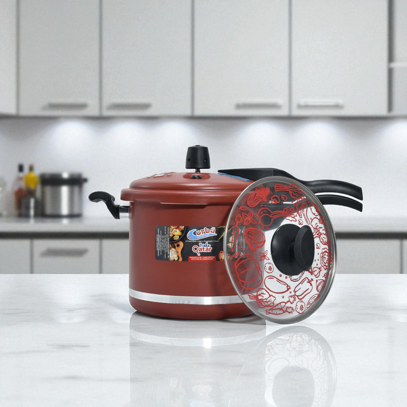Panela de Pressão Qatar Vermelho 5.5 Litros com Tampa de Vidro – Antiaderente Corbã