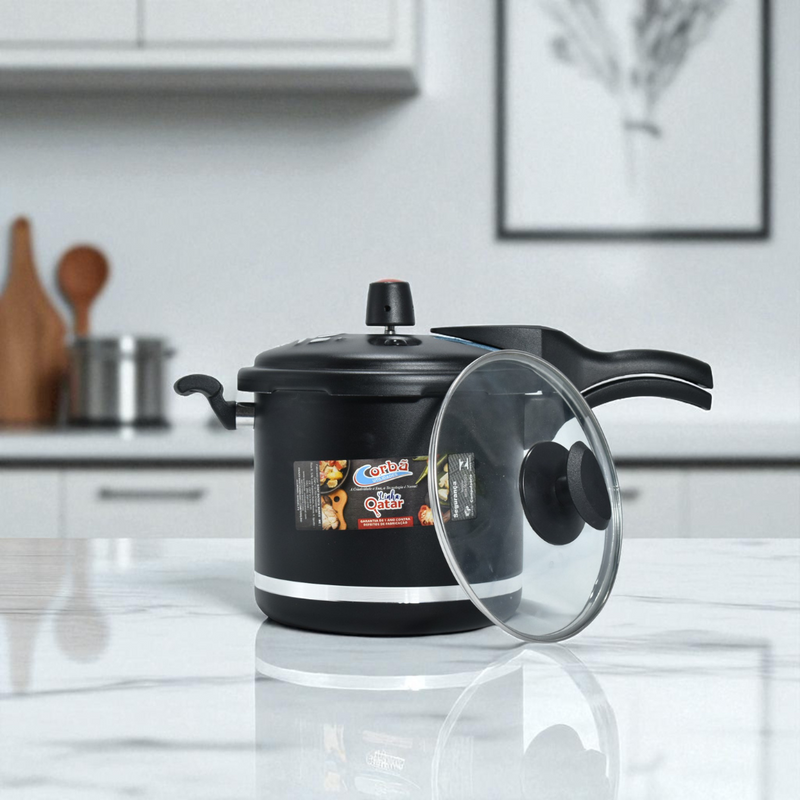 Panela de Pressão Qatar Preto  Mt 5.5 Litros com Tampa de Vidro – Corbã