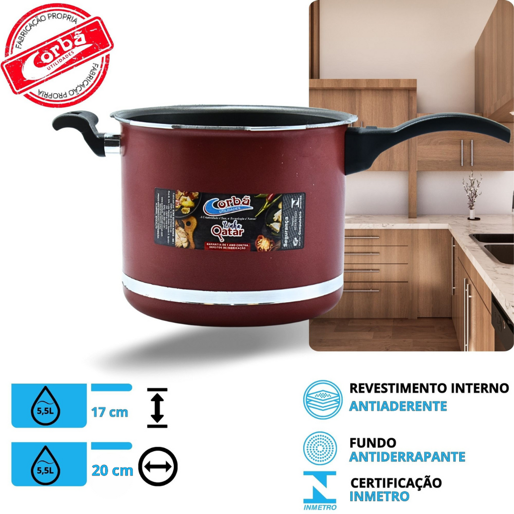 KIT PANELA DE PRESSÃO QATAR CORBÃ  ANTIADERENTE TEFLON VERMELHO COM  TAMPA DE PRESSÃO MULTIFUNCIONAL
