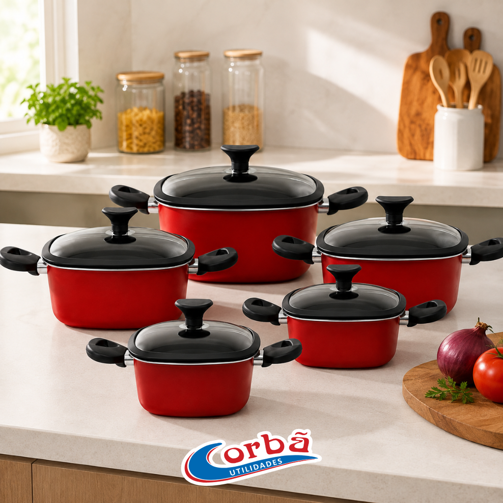 Conjunto de Panelas Antiaderente Frame  5 Peças  Cereja com Tampas de Vidro – Corbã