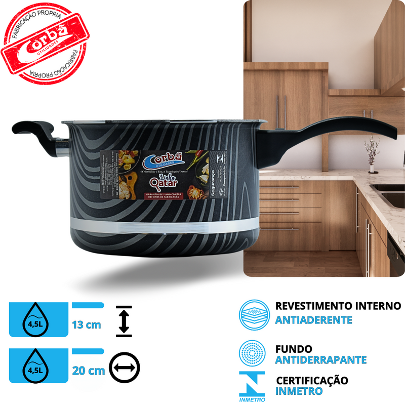 KIT PANELA DE PRESSÃO QATAR CORBÃ  ANTIADERENTE ESTAMPADO GRAFITE COM  TAMPA DE PRESSÃO MULTIFUNCIONAL