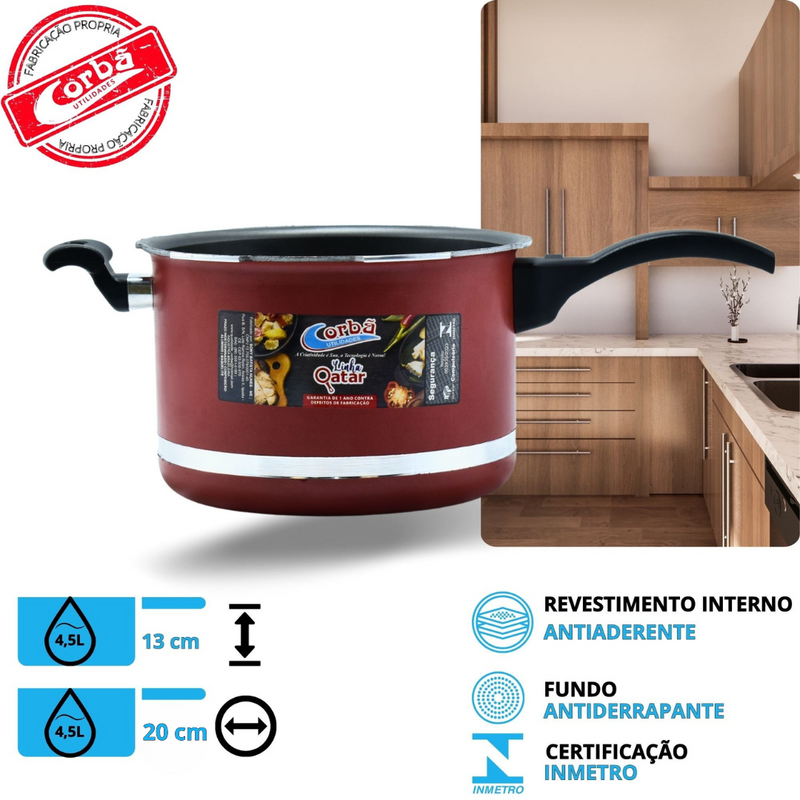 KIT PANELA DE PRESSÃO QATAR CORBÃ  ANTIADERENTE TEFLON VERMELHO COM  TAMPA DE PRESSÃO MULTIFUNCIONAL