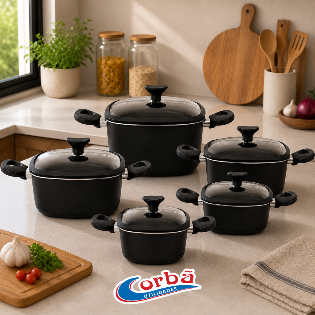 Conjunto de Panelas Antiaderente Frame  5 Peças  Preta com Tampas de Vidro – Corbã