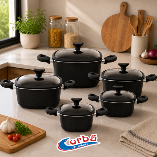 Conjunto de Panelas Antiaderente Frame  5 Peças  Preta com Tampas de Vidro – Corbã