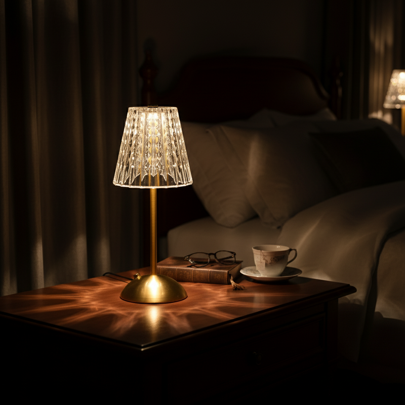 Luminária Abajur Cristal LED Recarregável com 3 Níveis de Luz | Corbã Utilidades