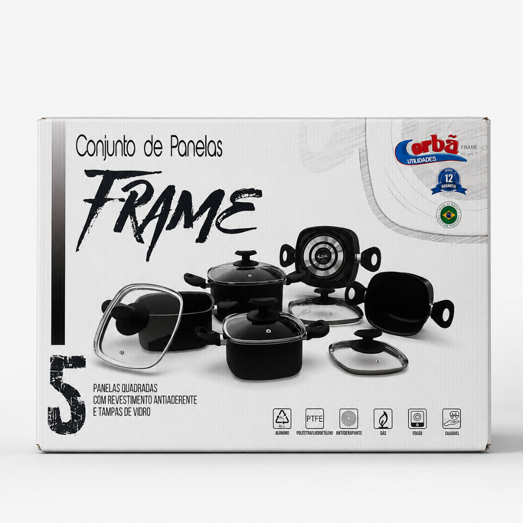 Conjunto de Panelas Antiaderente Frame  5 Peças  Cereja com Tampas de Vidro – Corbã