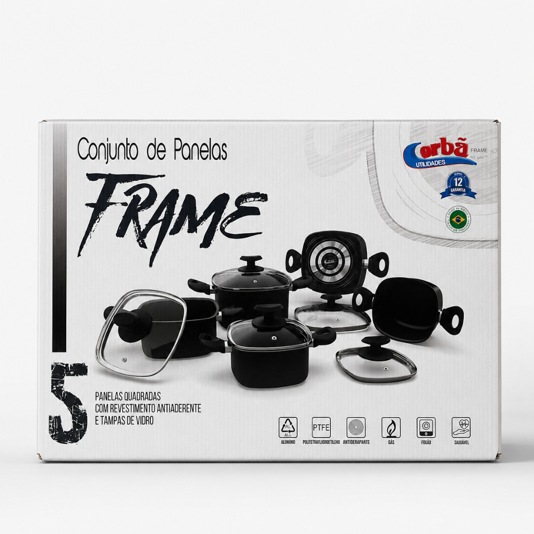 Conjunto de Panelas Antiaderente Frame  5 Peças  Preta com Tampas de Vidro – Corbã