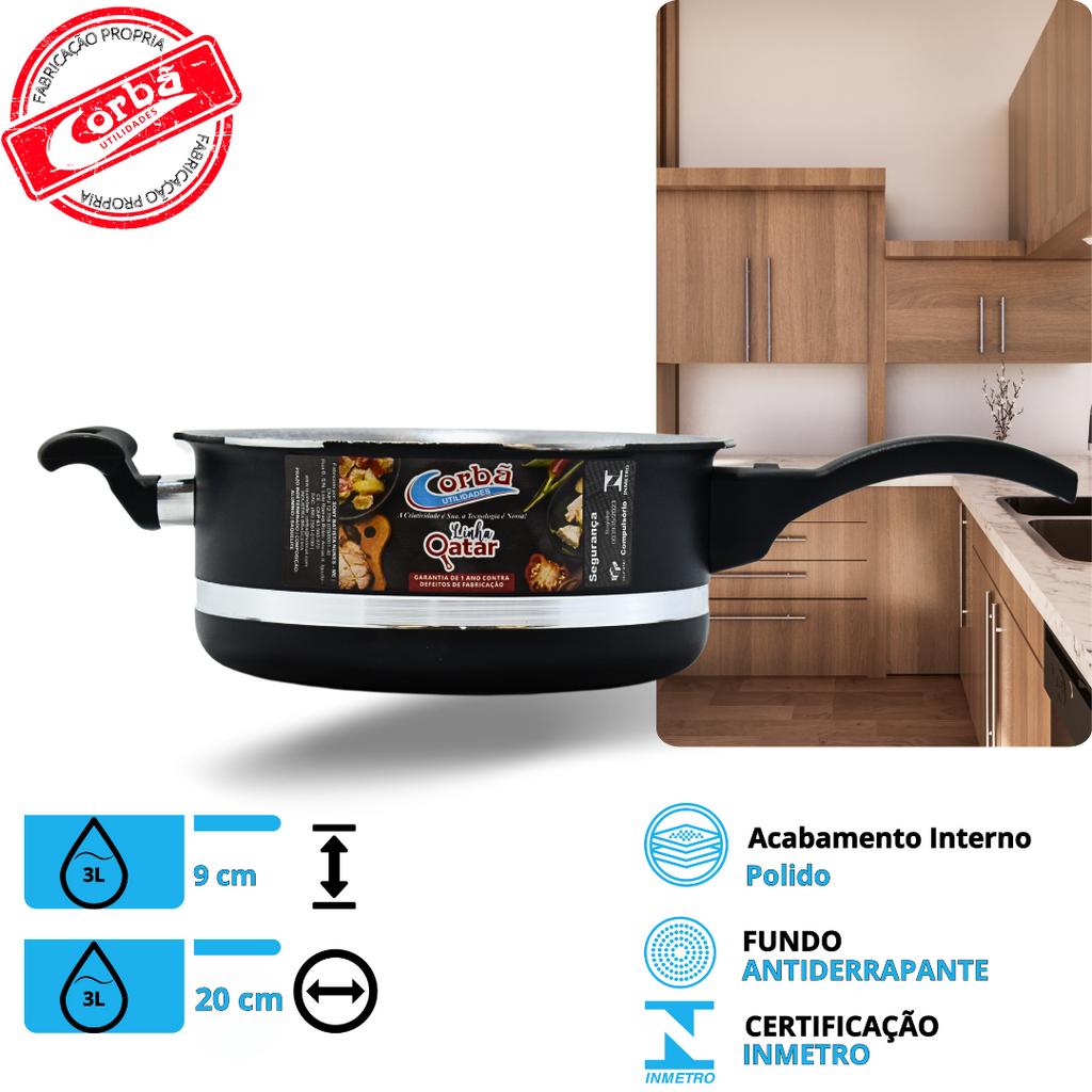 KIT PANELA DE PRESSÃO QATAR CORBÃ PRETO MT COM  TAMPA DE PRESSÃO MULTIFUNCIONAL