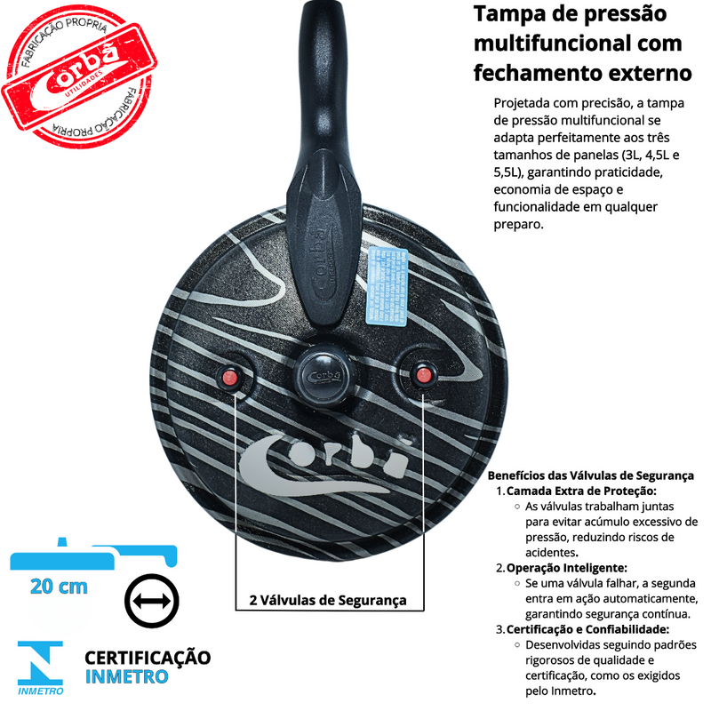 KIT PANELA DE PRESSÃO QATAR CORBÃ  ANTIADERENTE ESTAMPADO GRAFITE COM  TAMPA DE PRESSÃO MULTIFUNCIONAL