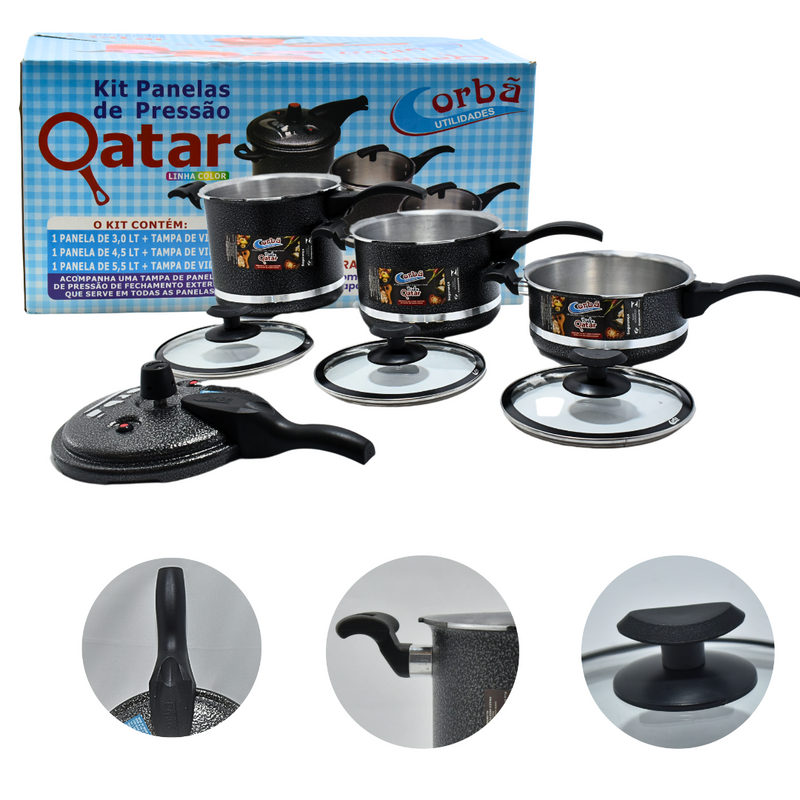 KIT PANELA DE PRESSÃO QATAR CORBÃ CRAQUEADO COM  TAMPA DE PRESSÃO MULTIFUNCIONAL