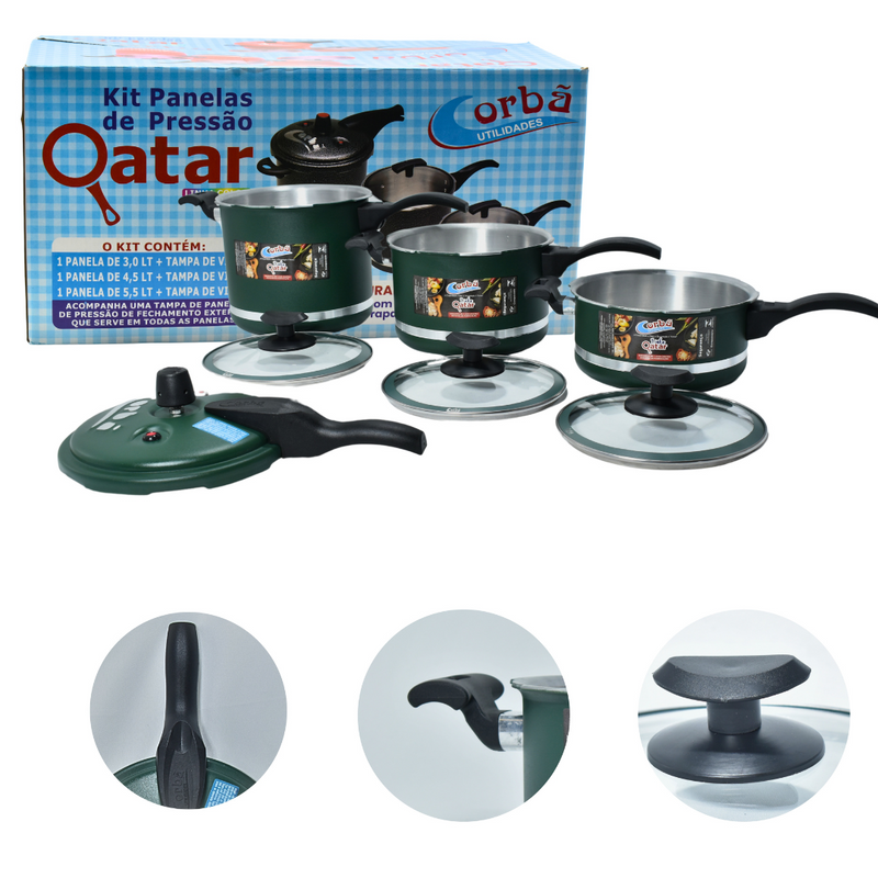 KIT PANELA DE PRESSÃO QATAR CORBÃ VERDE MT COM  TAMPA DE PRESSÃO MULTIFUNCIONAL