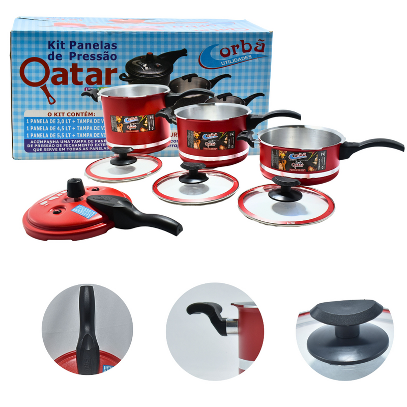 KIT PANELA DE PRESSÃO QATAR CORBÃ VERMELHO MT COM  TAMPA DE PRESSÃO MULTIFUNCIONAL