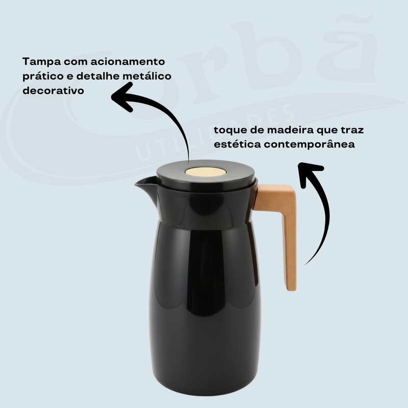 Garrafa Térmica 1L com cabo em madeira | Corbã Utilidades