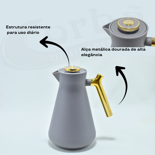 Garrafa Térmica 1L com Alça Metálica Dourada | Corbã Utilidades