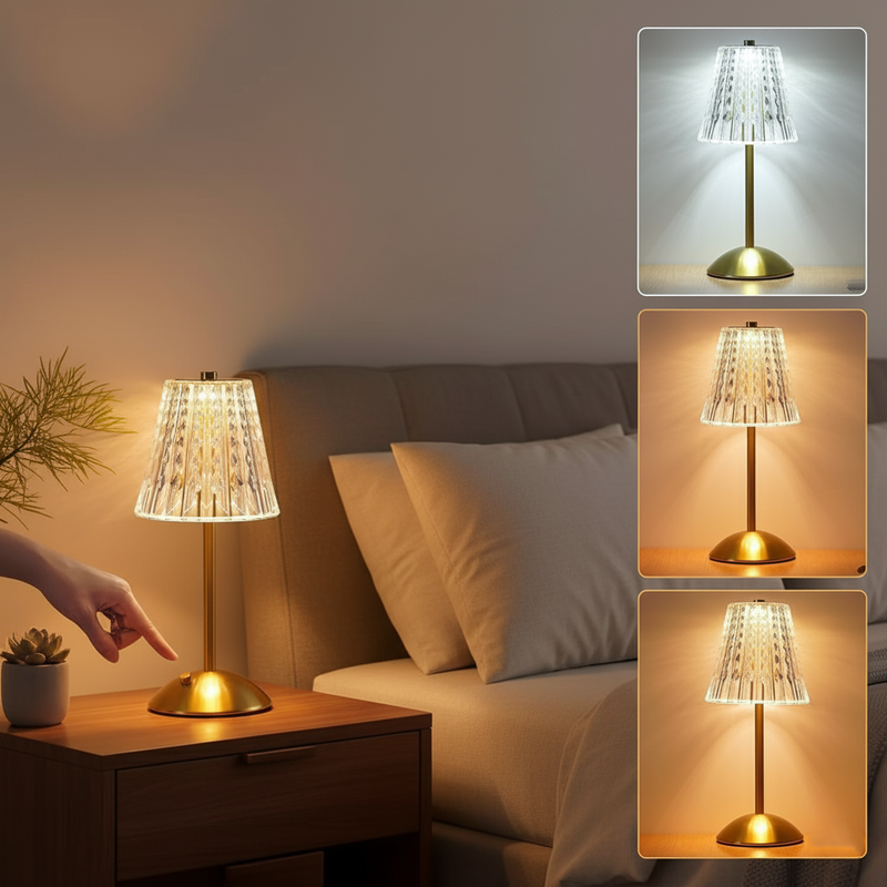 Luminária Abajur Cristal LED Recarregável com 3 Níveis de Luz | Corbã Utilidades