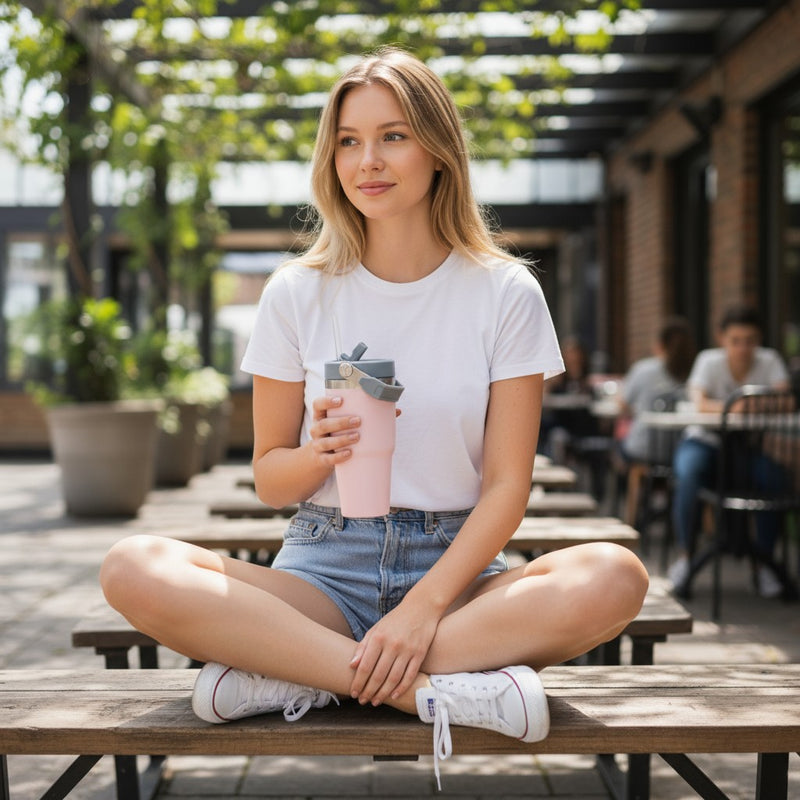 Copo Térmico Premium com Tampa Flip e Alça Metálica 600ml  | Corbã Utilidades