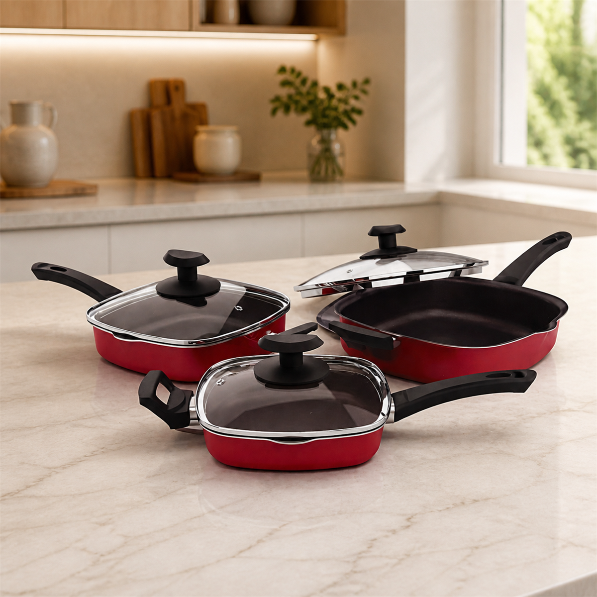 Conjunto de panelas vermelhas em cozinha contemporânea